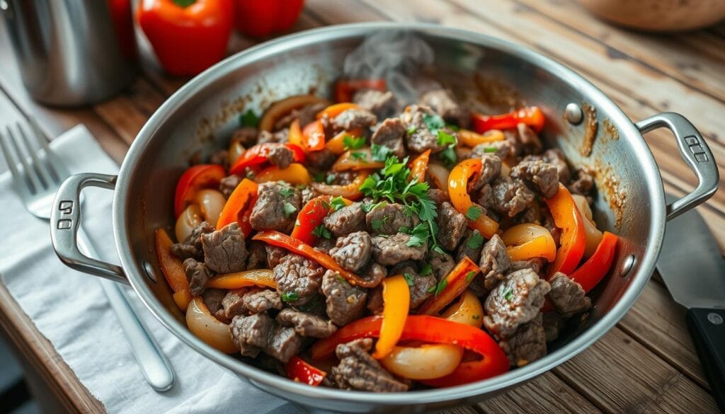 one-pan shaved beef skillet