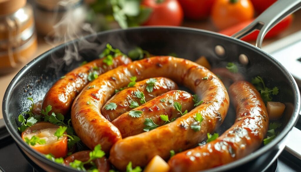 cooking sausage in pan